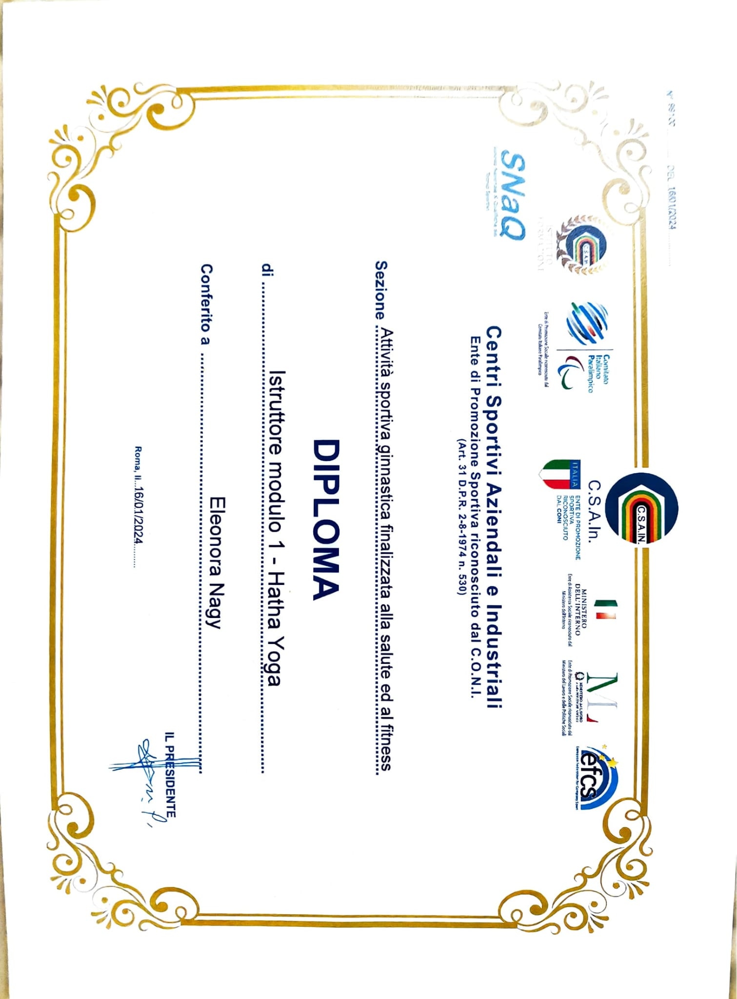 Diploma SNAQ - Istruttore Hatha Yoga - Eleonora Nagy